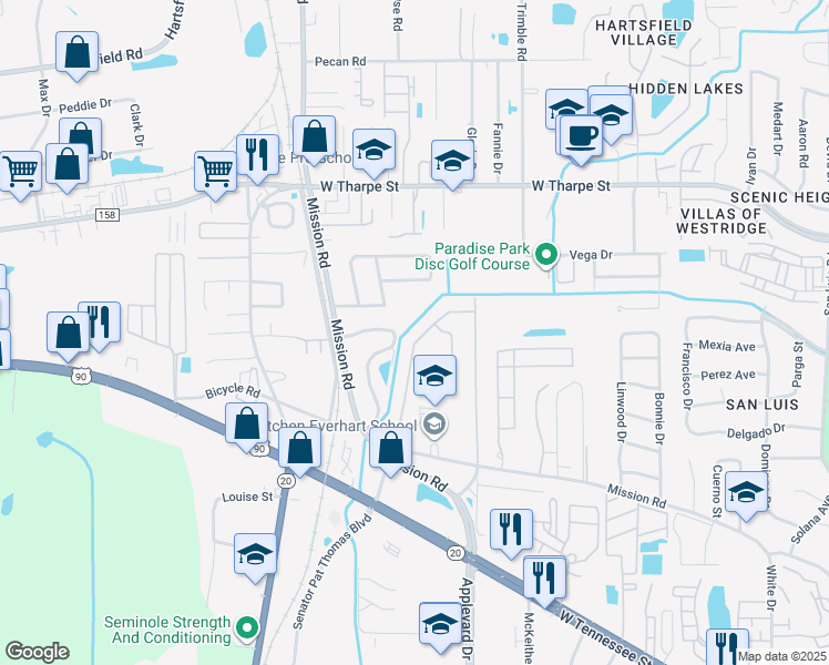 map of restaurants, bars, coffee shops, grocery stores, and more near 2610 Peachtree Drive in Tallahassee