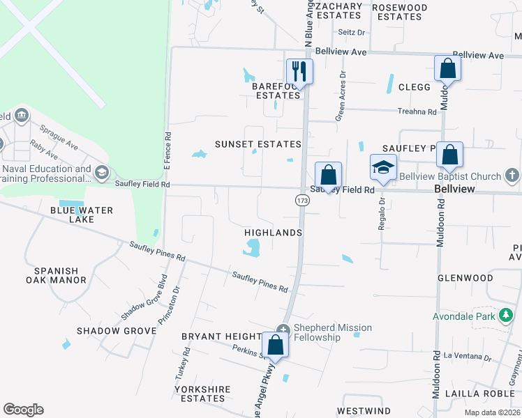 map of restaurants, bars, coffee shops, grocery stores, and more near 5872 Dandelion Lane in Pensacola