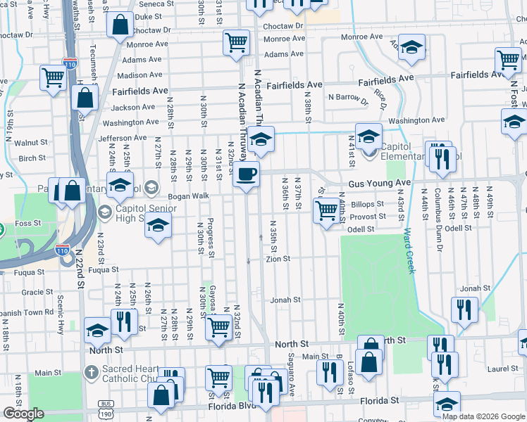 map of restaurants, bars, coffee shops, grocery stores, and more near 3415 Cain Street in Baton Rouge