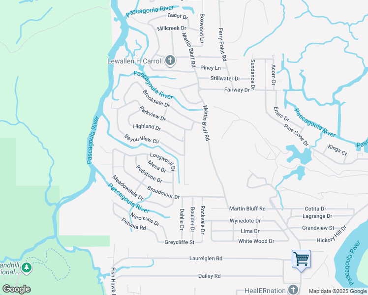 map of restaurants, bars, coffee shops, grocery stores, and more near 1908 Bayou View Circle in Gautier