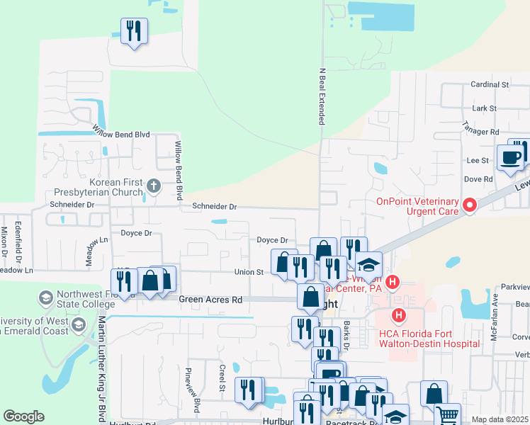 map of restaurants, bars, coffee shops, grocery stores, and more near 316 Schneider Drive in Fort Walton Beach