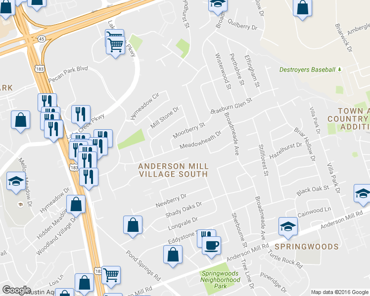 map of restaurants, bars, coffee shops, grocery stores, and more near 9627 Meadowheath Drive in Austin
