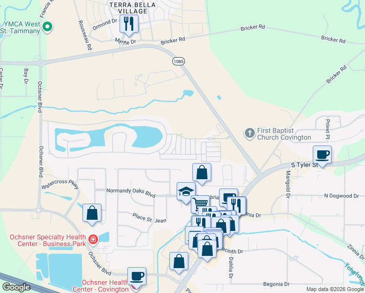 map of restaurants, bars, coffee shops, grocery stores, and more near 512 Rue Jardins in Covington