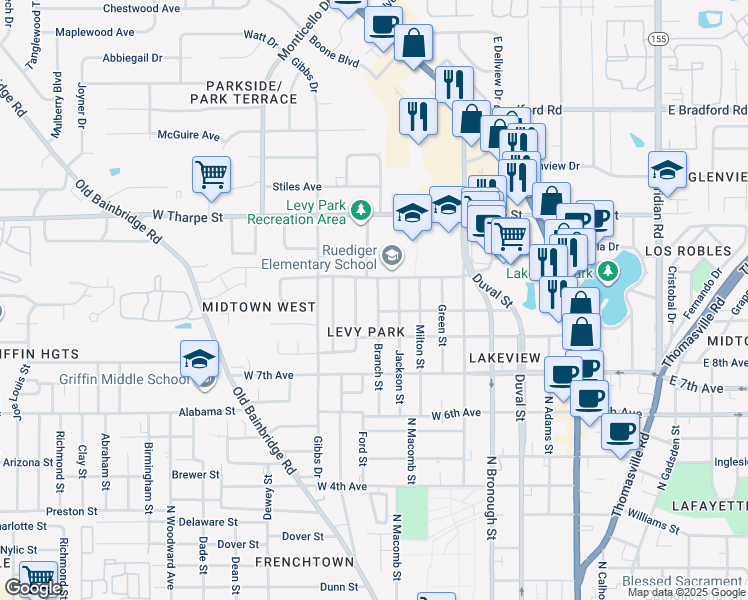map of restaurants, bars, coffee shops, grocery stores, and more near 1616 Branch Street in Tallahassee