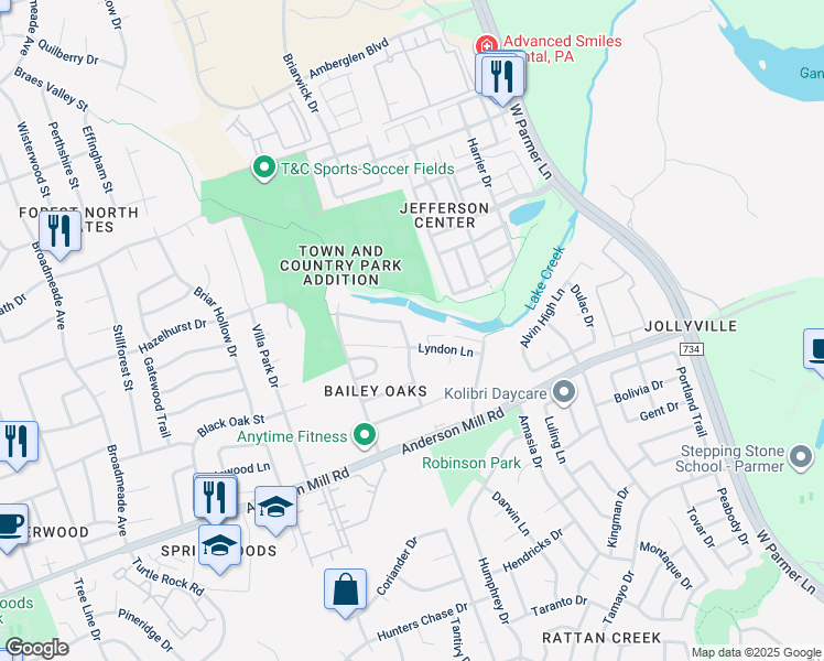map of restaurants, bars, coffee shops, grocery stores, and more near 13331 Water Oak Lane in Austin