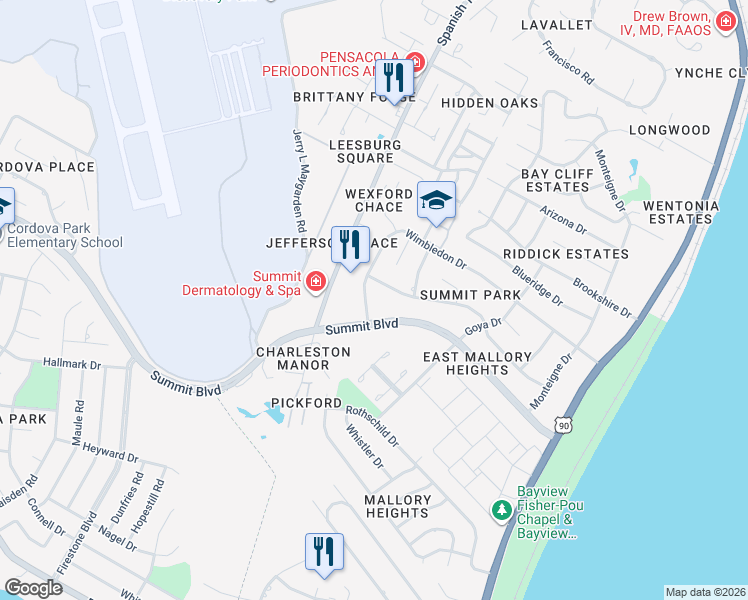 map of restaurants, bars, coffee shops, grocery stores, and more near 3940 Renoir Street in Pensacola