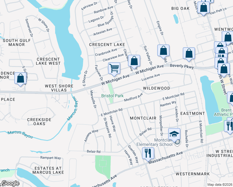 map of restaurants, bars, coffee shops, grocery stores, and more near 5200 Bristol Ave in Pensacola