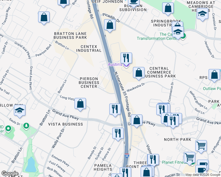 map of restaurants, bars, coffee shops, grocery stores, and more near 16050 North Interstate Highway 35 in Pflugerville