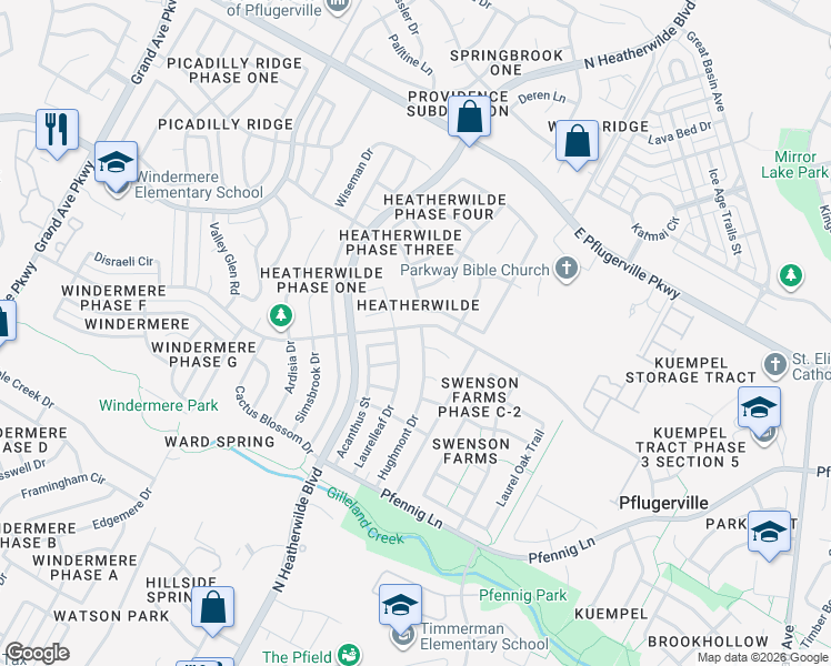 map of restaurants, bars, coffee shops, grocery stores, and more near 1242 Hughmont Drive in Pflugerville