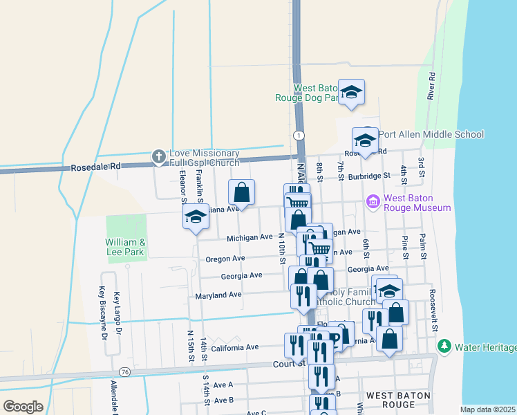map of restaurants, bars, coffee shops, grocery stores, and more near Louisiana Avenue in Port Allen