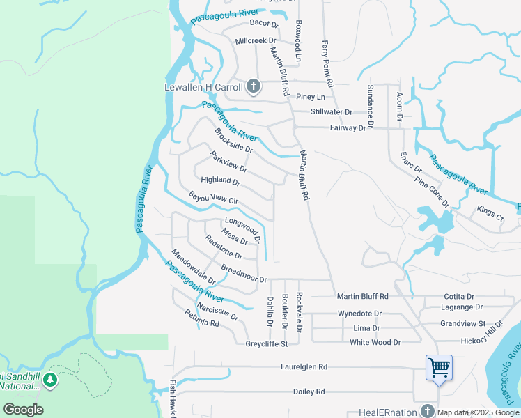 map of restaurants, bars, coffee shops, grocery stores, and more near 1908 Bayou View Circle in Gautier