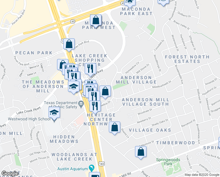 map of restaurants, bars, coffee shops, grocery stores, and more near 12902 Hymeadow Drive in Austin