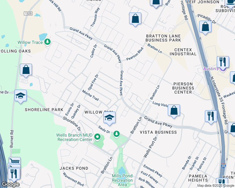 map of restaurants, bars, coffee shops, grocery stores, and more near 15708 Crissom Lane in Austin