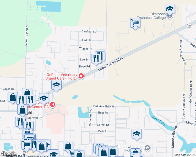 map of restaurants, bars, coffee shops, grocery stores, and more near 800 Pine Alley Street in Fort Walton Beach
