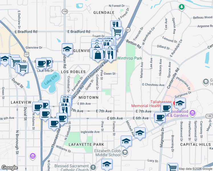 map of restaurants, bars, coffee shops, grocery stores, and more near 717 Hunter Street in Tallahassee