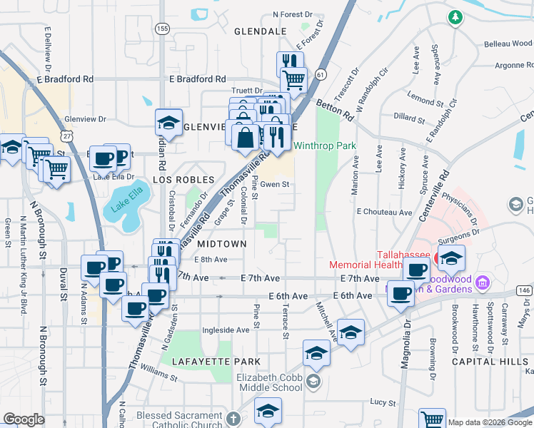 map of restaurants, bars, coffee shops, grocery stores, and more near 717 Hunter Street in Tallahassee