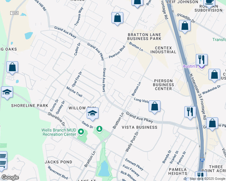 map of restaurants, bars, coffee shops, grocery stores, and more near 15800 Crissom Lane in Austin