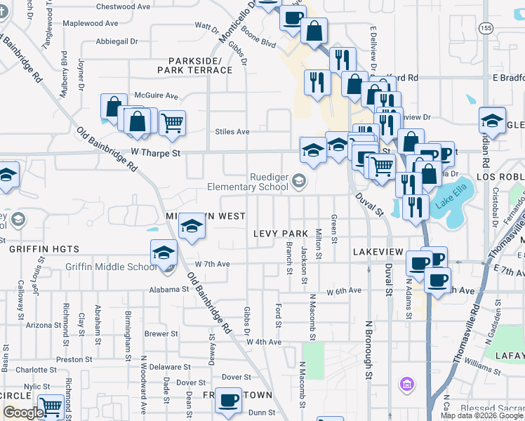 map of restaurants, bars, coffee shops, grocery stores, and more near 1545 Yancey St in Tallahassee