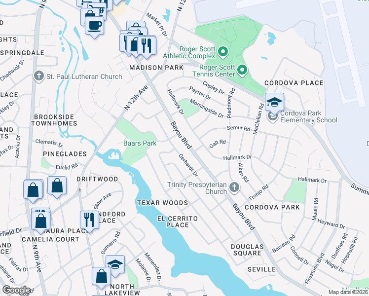 map of restaurants, bars, coffee shops, grocery stores, and more near 3731 Bayou Boulevard in Pensacola