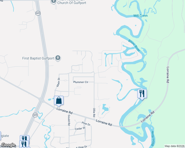 map of restaurants, bars, coffee shops, grocery stores, and more near 12125 Ollie Road in Gulfport
