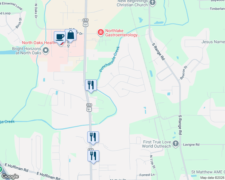 map of restaurants, bars, coffee shops, grocery stores, and more near 125 Jack Pine Lane in Ponchatoula
