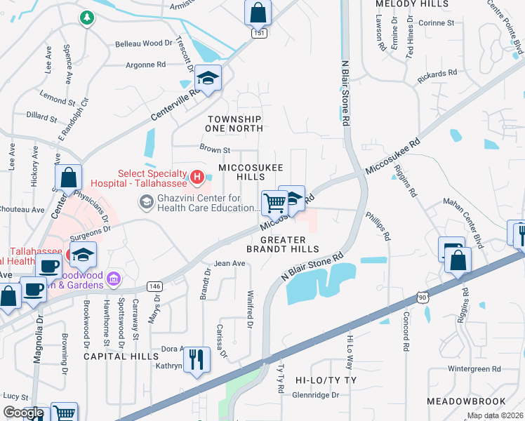 map of restaurants, bars, coffee shops, grocery stores, and more near 1505 Coombs Drive in Tallahassee