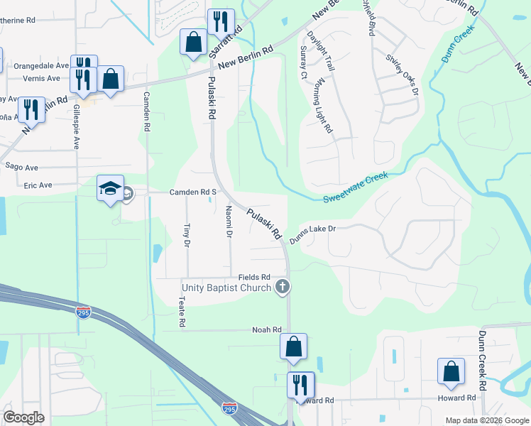map of restaurants, bars, coffee shops, grocery stores, and more near 12359 Pulaski Road in Jacksonville
