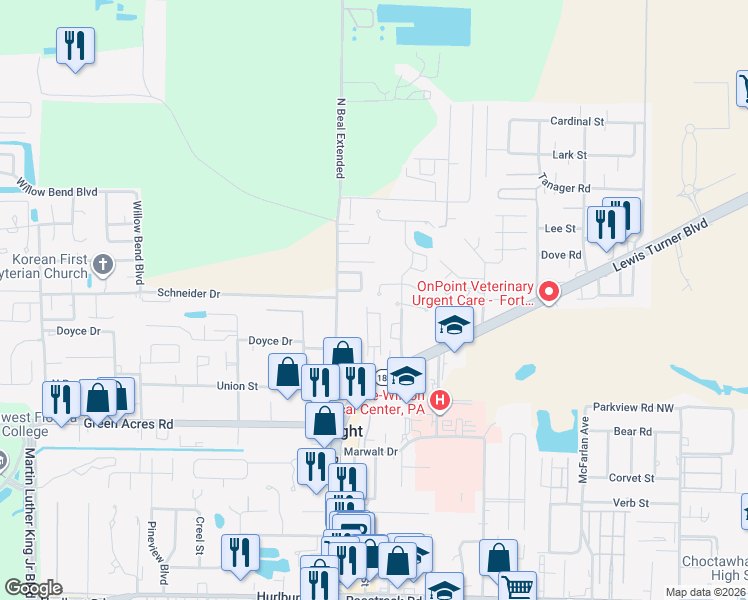 map of restaurants, bars, coffee shops, grocery stores, and more near 1520 Mariah Way West in Fort Walton Beach