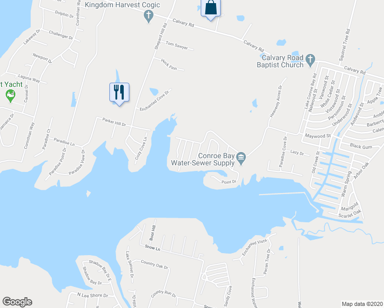 map of restaurants, bars, coffee shops, grocery stores, and more near 13185 Lake Conroe Bay Road in Willis