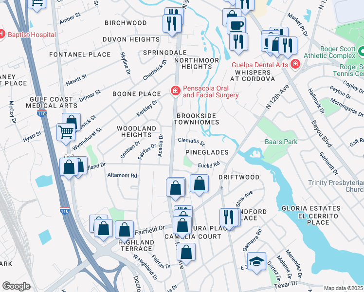 map of restaurants, bars, coffee shops, grocery stores, and more near 282 Datura Street in Pensacola