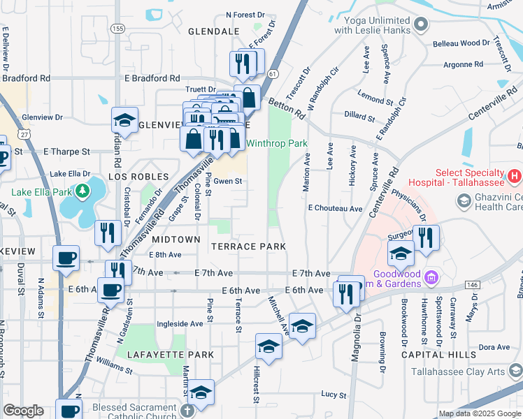 map of restaurants, bars, coffee shops, grocery stores, and more near 1502 Mitchell Avenue in Tallahassee