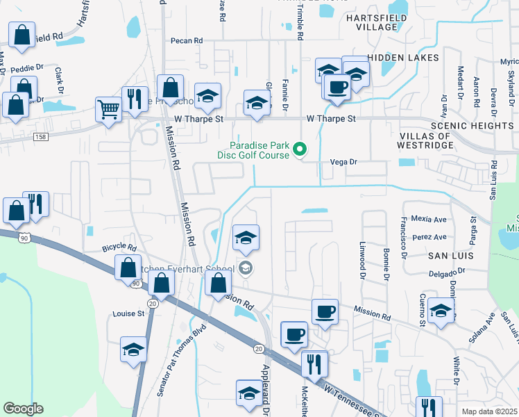 map of restaurants, bars, coffee shops, grocery stores, and more near 1342 Dura Circle in Tallahassee