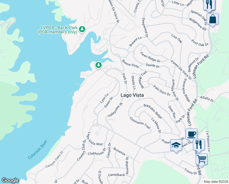 map of restaurants, bars, coffee shops, grocery stores, and more near 6403 Lynn Lane in Lago Vista