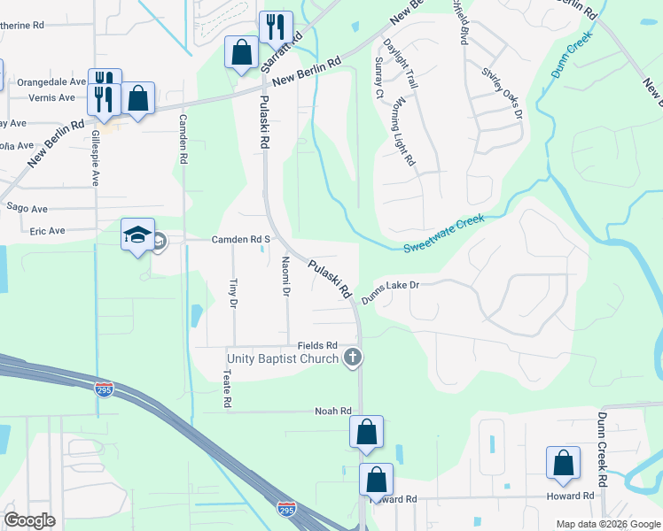 map of restaurants, bars, coffee shops, grocery stores, and more near 12359 Pulaski Road in Jacksonville