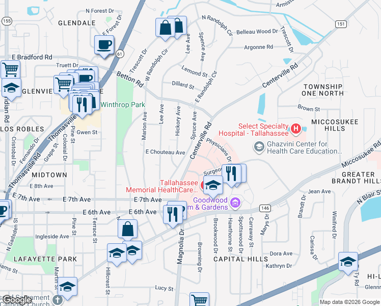 map of restaurants, bars, coffee shops, grocery stores, and more near 1503 Spruce Avenue in Tallahassee