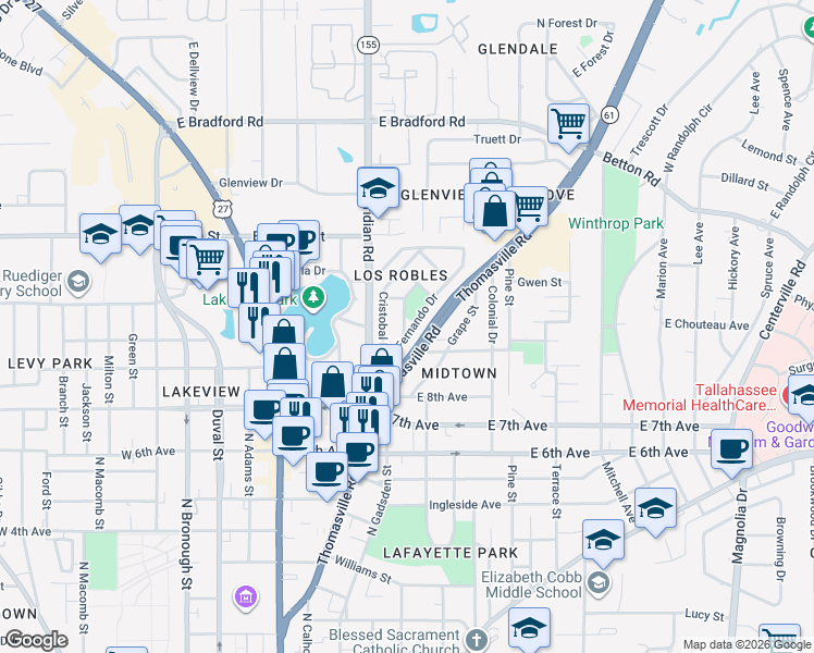 map of restaurants, bars, coffee shops, grocery stores, and more near 1536 Isabel Court in Tallahassee