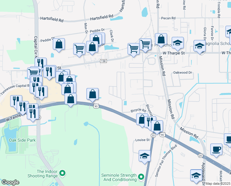 map of restaurants, bars, coffee shops, grocery stores, and more near 1931 Evanston Avenue in Tallahassee