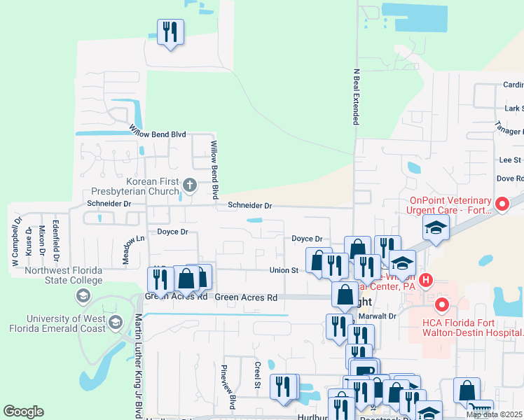 map of restaurants, bars, coffee shops, grocery stores, and more near 364 Schneider Drive in Fort Walton Beach
