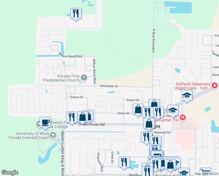 map of restaurants, bars, coffee shops, grocery stores, and more near 364 Schneider Drive in Fort Walton Beach