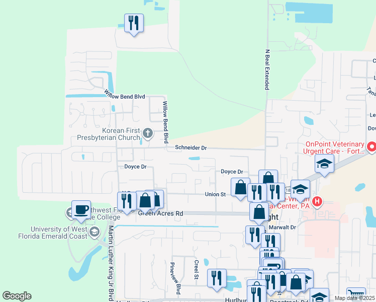 map of restaurants, bars, coffee shops, grocery stores, and more near 364 Schneider Drive in Fort Walton Beach
