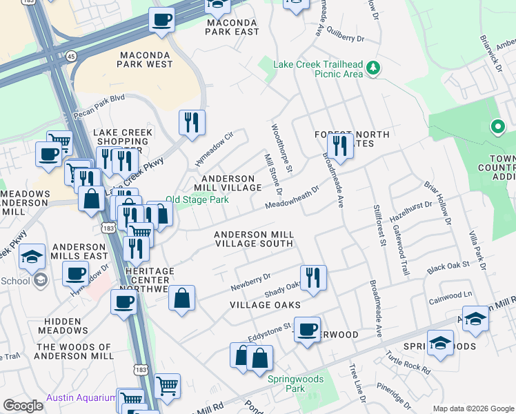map of restaurants, bars, coffee shops, grocery stores, and more near 9627 Meadowheath Drive in Austin