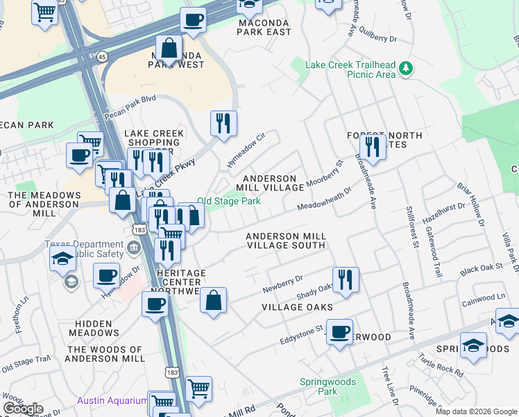 map of restaurants, bars, coffee shops, grocery stores, and more near 9744 Anderson Village Drive in Austin