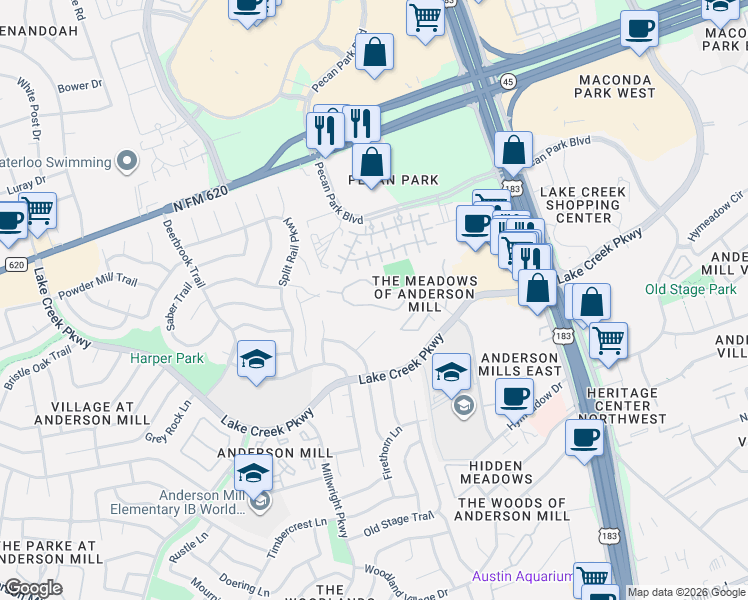 map of restaurants, bars, coffee shops, grocery stores, and more near 36 Mellow Meadow Drive in Austin