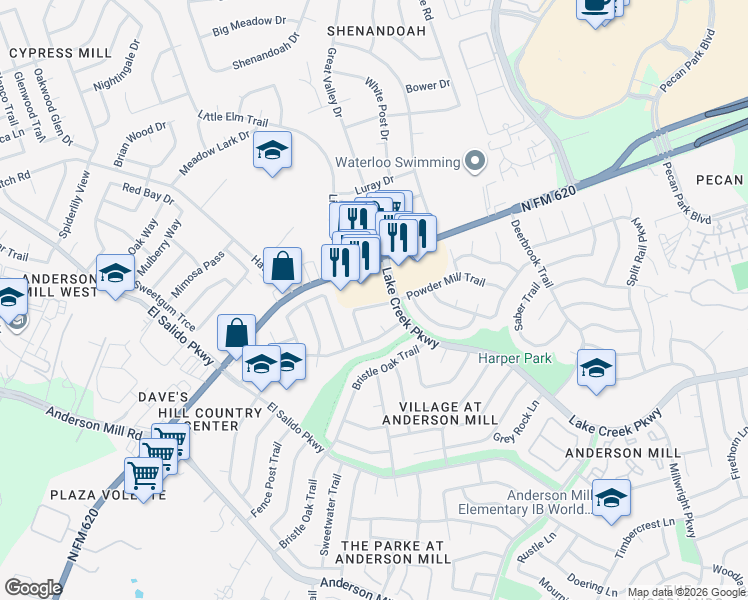 map of restaurants, bars, coffee shops, grocery stores, and more near 11418 Powder Mill Trail in Austin