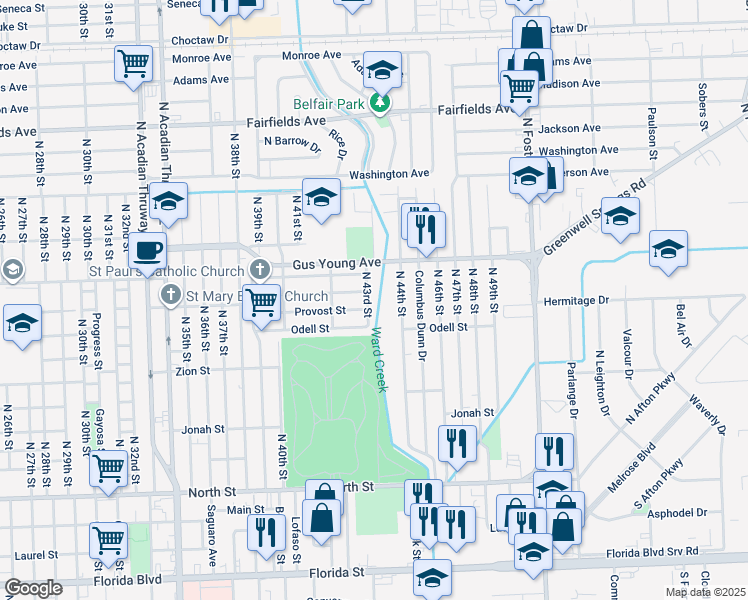 map of restaurants, bars, coffee shops, grocery stores, and more near 1328 North 43rd Street in Baton Rouge