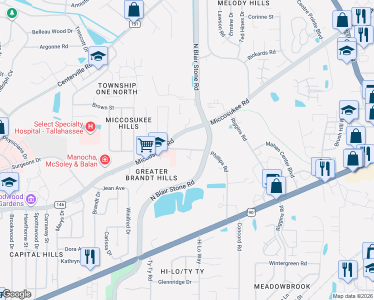 map of restaurants, bars, coffee shops, grocery stores, and more near 2350 Phillips Road in Tallahassee
