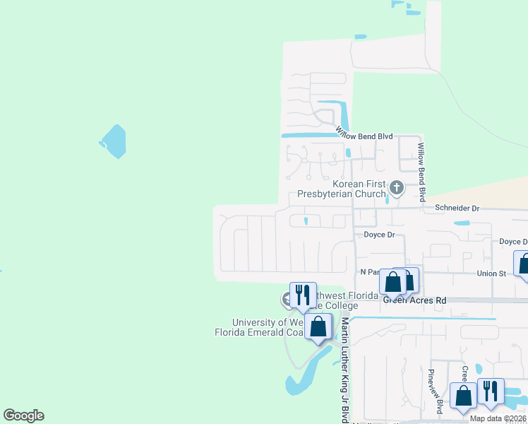 map of restaurants, bars, coffee shops, grocery stores, and more near 1644 Campbell Drive North in Fort Walton Beach