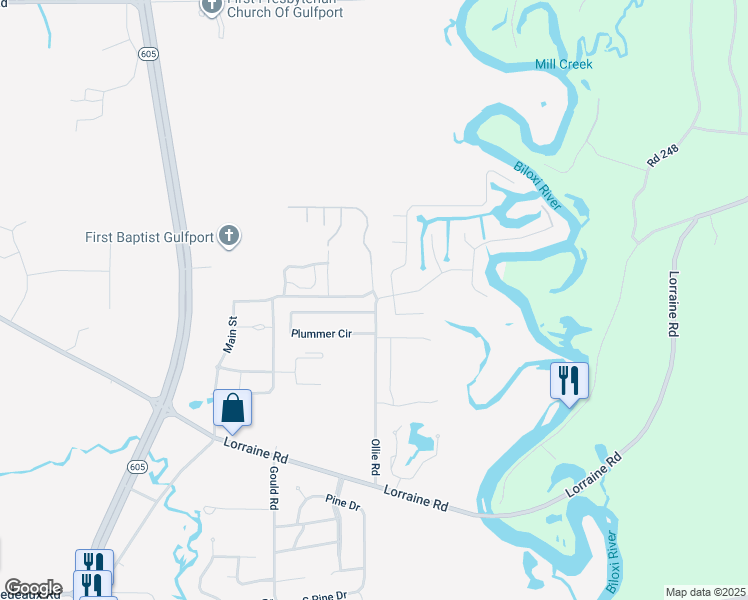 map of restaurants, bars, coffee shops, grocery stores, and more near 12131 Ollie Road in Gulfport