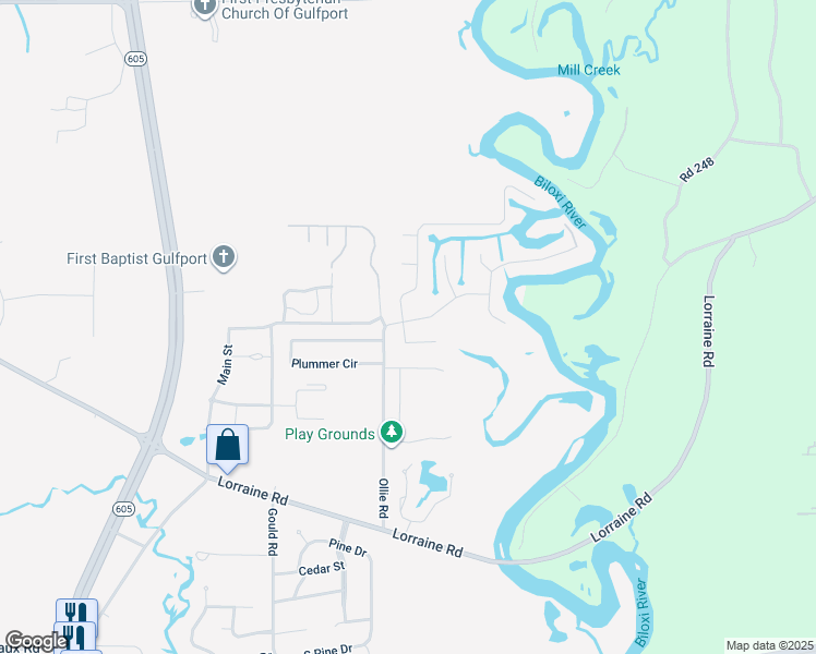 map of restaurants, bars, coffee shops, grocery stores, and more near 10521 Riverroad Drive in Gulfport