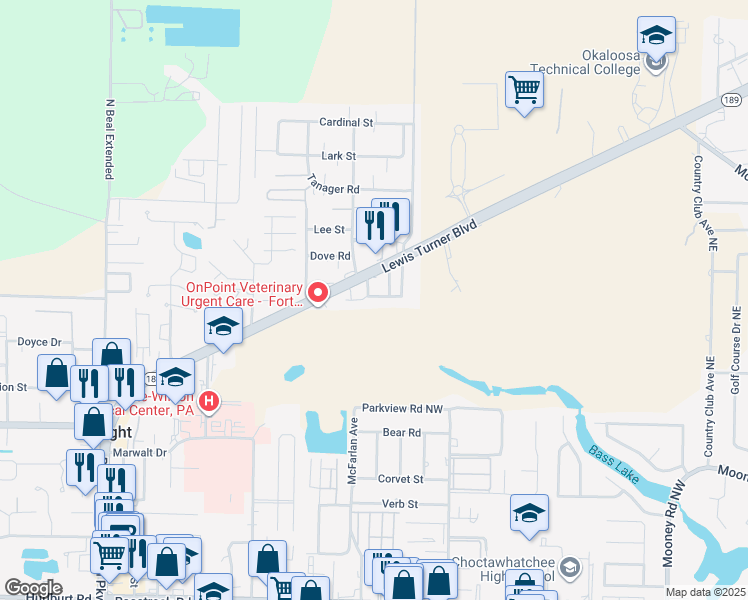 map of restaurants, bars, coffee shops, grocery stores, and more near 800 Pine Alley Street in Fort Walton Beach
